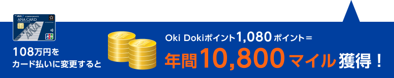 108万円をカード払いに変更するとOki Dokiポイント1,080ポイント＝年間10,800マイル獲得!