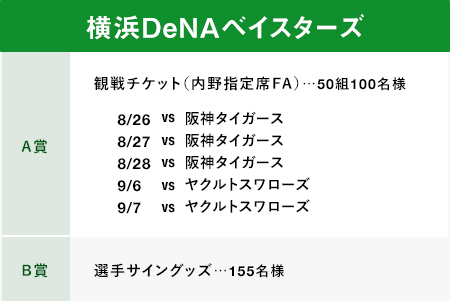 横浜DeNAベイスターズA賞観戦チケット（内野指定席FA）50組100名様B賞選手サイングッズ155名様