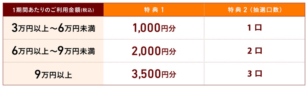 お支払い方法変更金額が3万円（税込）以上6万円（税込）未満で1,000円分、6万円（税込）以上9万円（税込）未満で2,000円分、9万円（税込）以上で3,500円分プレゼント