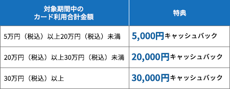 5万円（税込）以上20万円（税込）未満のご利用で5,000円キャッシュバック。20万円（税込）以上30万円（税込）未満のご利用で2万円キャッシュバック。30万円（税込）以上のご利用で3万円キャッシュバック。