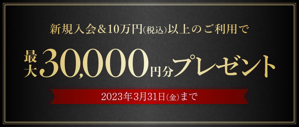 新規入会&10万円（税込）以上のご利用で最大30,000円分プレゼント