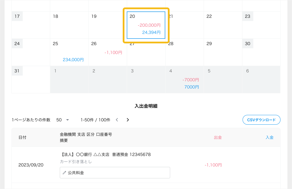 入出金の状況を一覧表示するイメージ