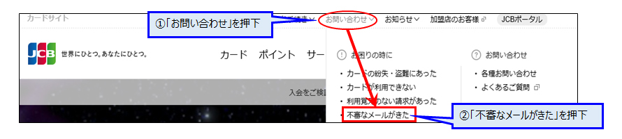 ①「お問い合わせ」を押下②「不審メールがきた」を押下