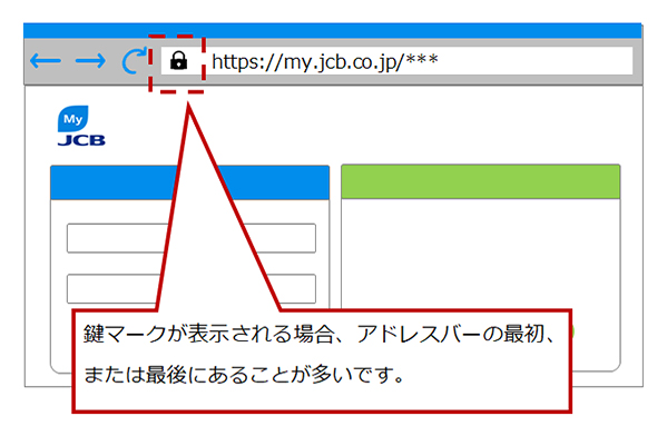 鍵マークが表示される場合、アドレスバーの最初、または最後にあることが多いです。