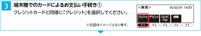 3．端末機でのカードによるお支払い手続き（1） クレジットカードと同様に「クレジット」を選択してください。