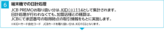 6．端末機での日計処理 JCB PREMOお取り扱い分は、KID（※）114として集計されます。日計処理が行われなくても、加盟店様との精算は、JCBにて承認番号の取得時点の取引情報をもとに実施します。 ※KID＝カード会社コード JCBカードお取り扱い分は、KID102となります。