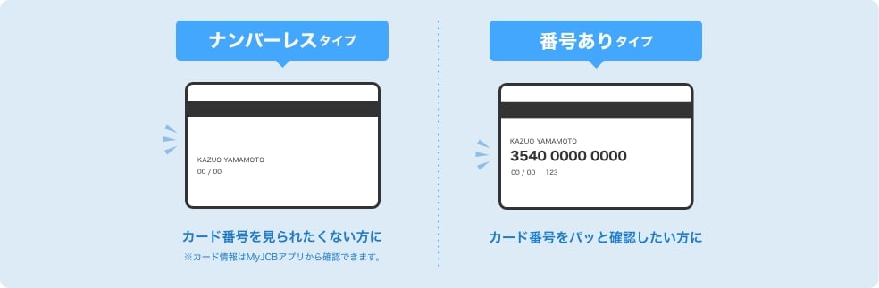 ナンバーレスタイプ カード番号を見られたくない方に※カード情報はMyJCBアプリから確認できます。 カード番号ありタイプ カード番号をパッと確認したい方に