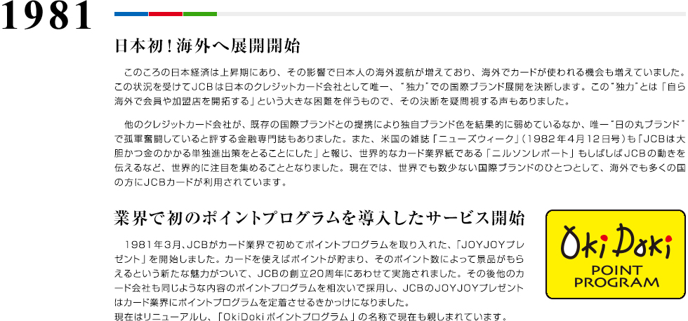 1981 日本初！海外へ展開開始 このころの日本経済は上昇期にあり、その影響で日本人の海外渡航が増えており、海外でカードが使われる機会も増えていました。この状況を受けてJCBは日本のクレジットカード会社として唯一、“独力”での国際ブランド展開を決断します。この“独力”とは「自ら海外で会員や加盟店を開拓する」という大きな困難を伴うもので、その決断を疑問視する声もありました。　他のクレジットカード会社が、既存の国際ブランドとの提携により独自ブランド色を結果的に弱めているなか、唯一“日の丸ブランド”で孤軍奮闘していると評する金融専門誌もありました。また、米国の雑誌「ニューズウィーク」（1982年4月12日号）も「JCBは大胆かつ金のかかる単独進出策をとることにした」と報じ、世界的なカード業界紙である「ニルソンレポート」もしばしばJCBの動きを伝えるなど、世界的に注目を集めることとなりました。現在では、世界でも数少ない国際ブランドのひとつとして、海外でも多くの国の方にJCBカードが利用されています。 業界で初のポイントプログラムを導入したサービス開始 1981年3月、JCBがカード業界で初めてポイントプログラムを取り入れた、「JOYJOYプレゼント」を開始しました。カードを使えばポイントが貯まり、そのポイント数によって景品がもらえるという新たな魅力がついて、JCBの創立20周年にあわせて実施されました。その後他のカード会社も同じような内容のポイントプログラムを相次いで採用し、JCBのJOYJOYプレゼントはカード業界にポイントプログラムを定着させるきかっけになりました。現在はリニューアルし、「OkiDokiポイントプログラム」の名称で現在も親しまれています。