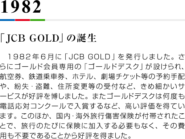 1982 「JCB GOLD」の誕生 1982年6月に「JCB GOLD」を発行しました。さらにゴールド会員専用の「ゴールドデスク」が設けられ、航空券、鉄道乗車券、ホテル、劇場チケット等の予約手配や、紛失・盗難、住所変更等の受付など、きめ細かいサービスが好評を博しました。またゴールドデスクは何度も電話応対コンクールで入賞するなど、高い評価を得ています。このほか、国内・海外旅行傷害保険が付帯されたことで、旅行のたびに保険に加入する必要もなく、その費用も不要であることから好評を得ました。