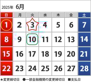 6月のカレンダー 6月1日（日）下（●）の方の締切日、6月3日（火）締切日、6月10日（火）お支払い日