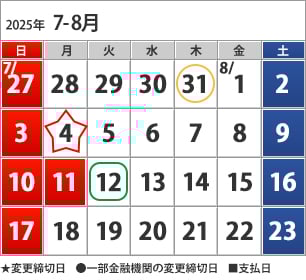 7-8月のカレンダー 7月31日（木）下（●）の方の締切日、8月4日（月）締切日、8月12日（火）お支払い日