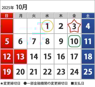 10月のカレンダー 10月1日（水）下（●）の方の締切日、10月3日（金）締切日、10月10日（金）お支払い日