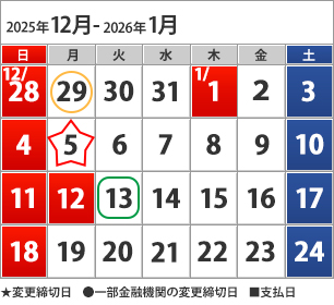 2025年12月-2026年1月のカレンダー 12月29日（月）下（●）の方の締切日、1月5日（月）締切日、1月13日（火）お支払い日