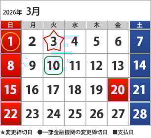 3月のカレンダー 3月1日(日)下(●)の方の締切日、3月3日(火)締切日、3月10日(火)お支払い日