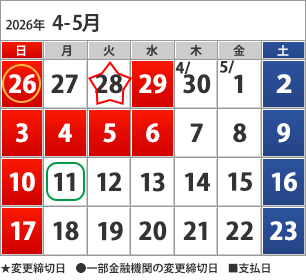 4-5月のカレンダー 4月26日(日)下(●)の方の締切日、4月28日(火)締切日、5月11日(月)お支払い日