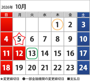 10月のカレンダー 10月1日(木)下(●)の方の締切日、10月5日(月)締切日、10月13日(火)お支払い日