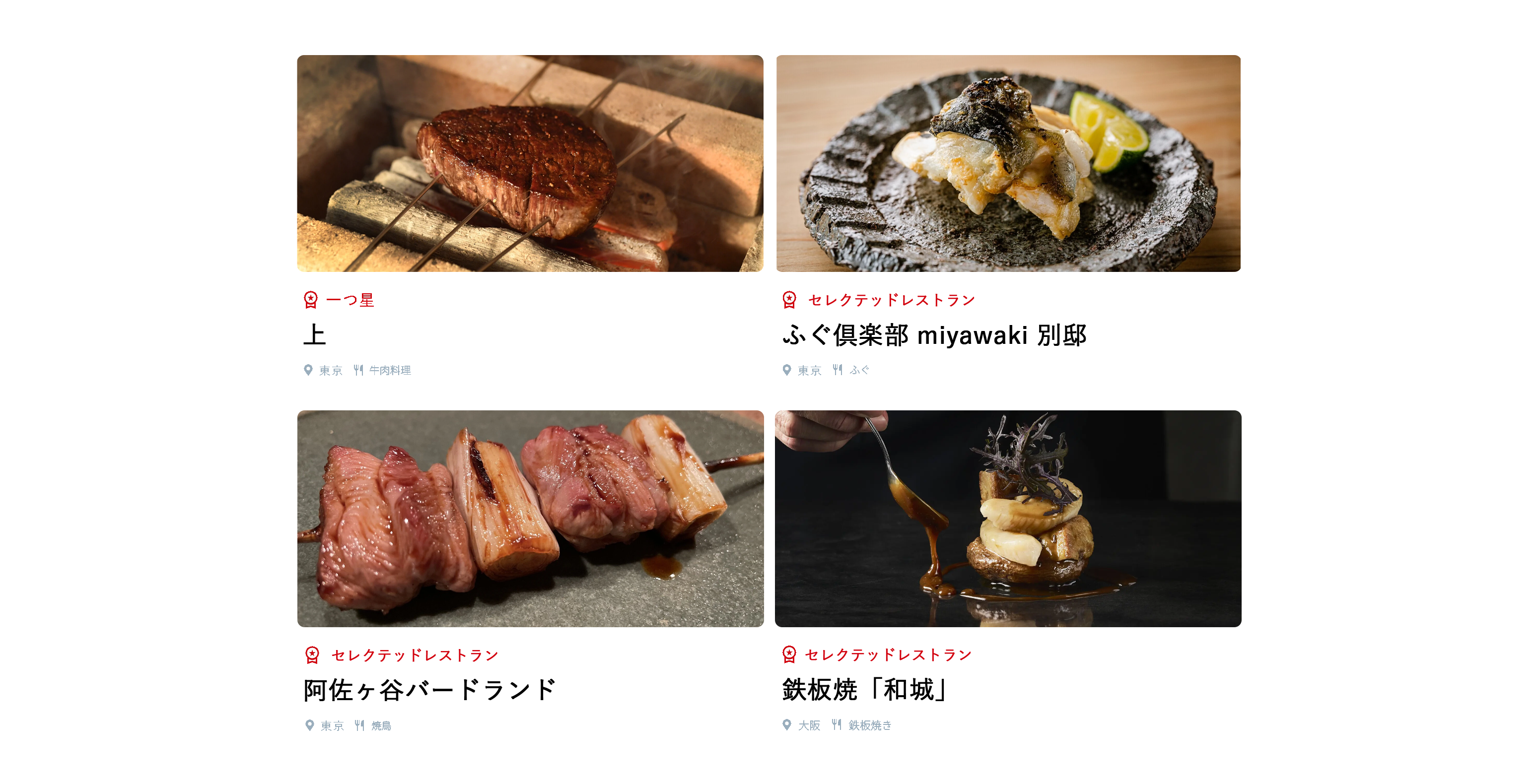 一つ星、上、東京、牛肉料理、セレクテッドレストラン、ふぐ倶楽部 miyawaki 別邸、東京、ふぐ、セレクテッドレストラン、阿佐ヶ谷バードランド、東京、焼鳥、セレクテッドレストラン、鉄板焼「和城」、大阪、鉄板焼