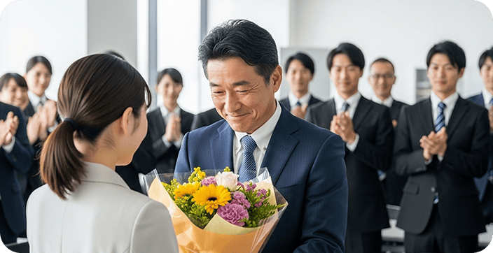 花束を受け取る男性社員