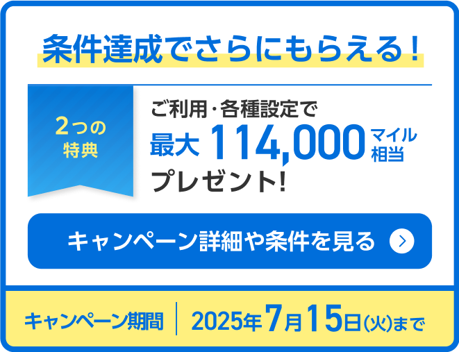 条件達成でさらにもらえる！2つの特典 ご利用・各種設定で最大114,000マイル相当プレゼント キャンペーン詳細や条件を見る キャンペーン期間：2025年4月30日（水）まで