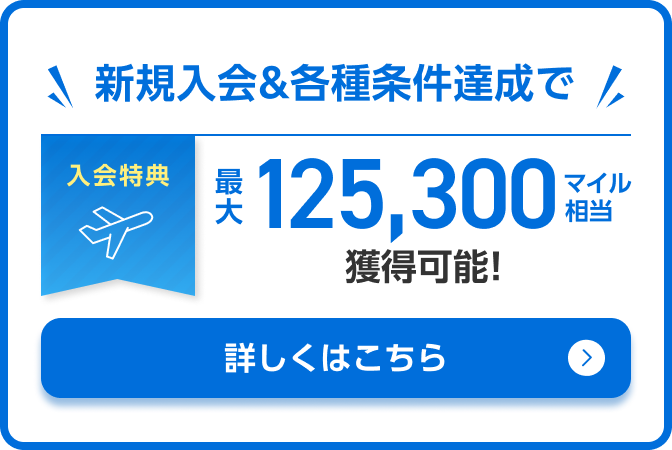 入会特典 新規入会&各種条件達成で最大125,300マイル相当獲得可能！ 詳しくはこちら