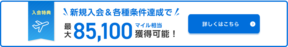 入会特典 新規入会&各種条件達成で最大85,100マイル相当獲得可能！詳しくはこちら