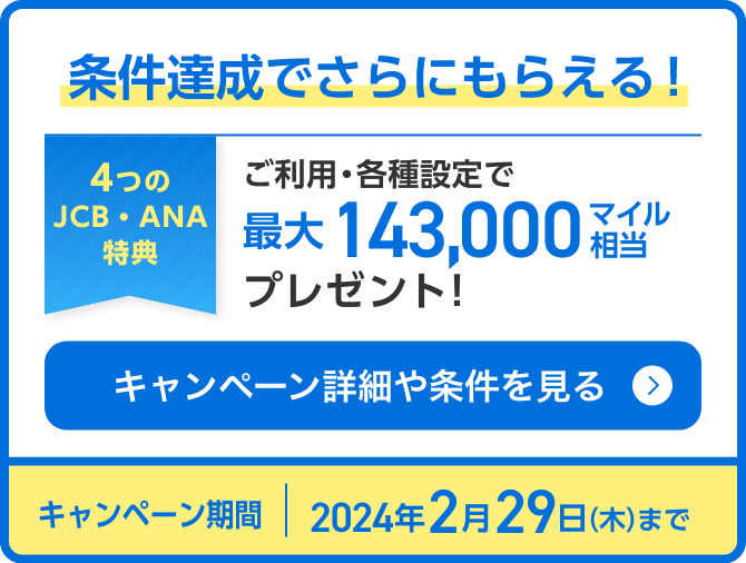 条件達成でさらにもらえる！ご利用・各種設定で最大143,000マイル相当プレゼント！キャンペーン詳細や条件を見る キャンペーン期間2024年2月29日（木）まで