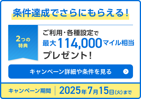 条件達成でさらにもらえる！2つの特典 ご利用・各種設定で最大114,000マイル相当プレゼント！キャンペーン詳細や条件を見る 2025年4月30日（水）まで
