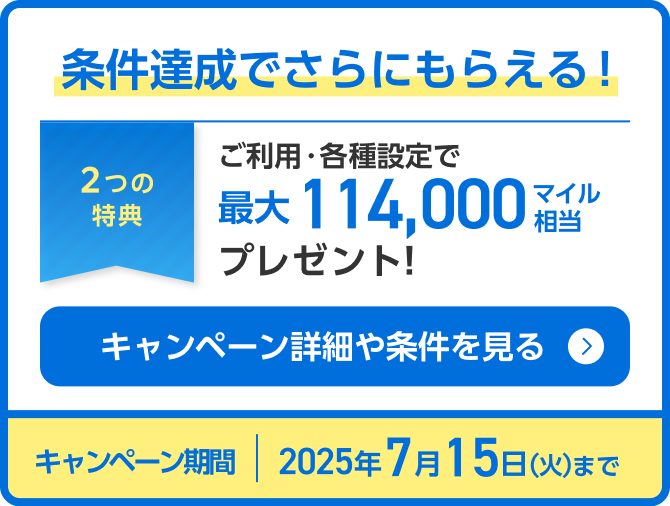 条件達成でさらにもらえる！2つの特典 ご利用・各種設定で最大114,000マイル相当プレゼント！キャンペーン詳細や条件を見る 2025年4月30日（水）まで