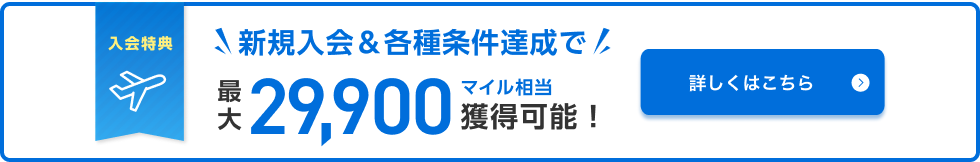 入会特典 新規入会&各種条件達成で最大29,900マイル相当獲得可能！詳しくはこちら