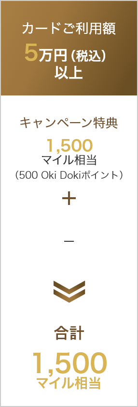 5万円(税込)以上 1,500マイル相当(Oki Dokiポイント500ポイント) - 1,500マイル相当