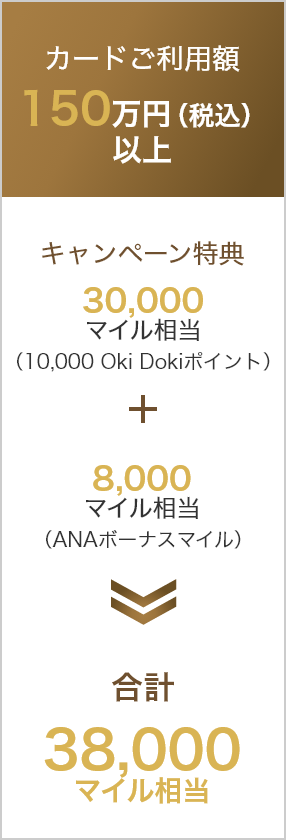 150万円(税込)以上 30,000マイル相当(Oki Dokiポイント10,000ポイント) 8,000マイル(ANAボーナスマイル) 38,000マイル相当