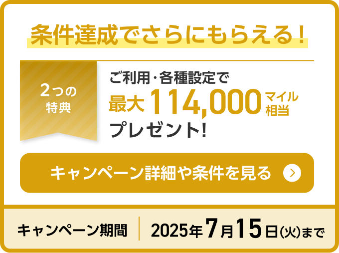 条件達成でさらにもらえる！ご利用・ご搭乗・各種ご入会で最大90,000マイル相当プレゼント！キャンペーン詳細や条件を見る キャンペーン期間2024年6月30日（日）まで