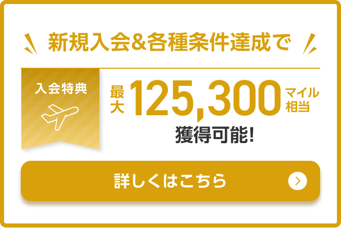 入会特典 新規入会&各種条件達成で最大125,300マイル相当獲得可能！ 詳しくはこちら