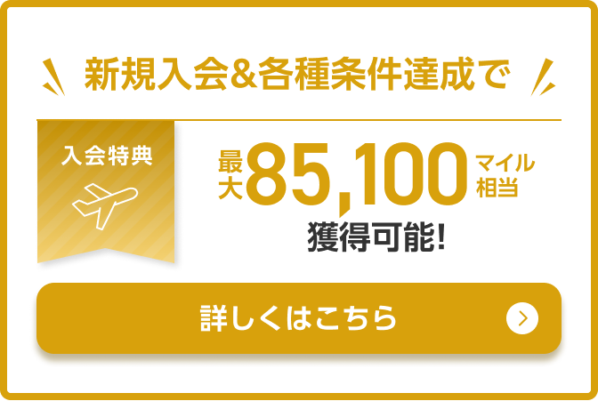 入会特典 新規入会&各種条件達成で最大85,100マイル相当獲得可能！詳しくはこちら