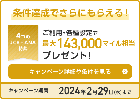 条件達成でさらにもらえる！ご利用・各種設定で最大143,000マイル相当プレゼント！キャンペーン詳細や条件を見る キャンペーン期間2024年2月29日（木）まで
