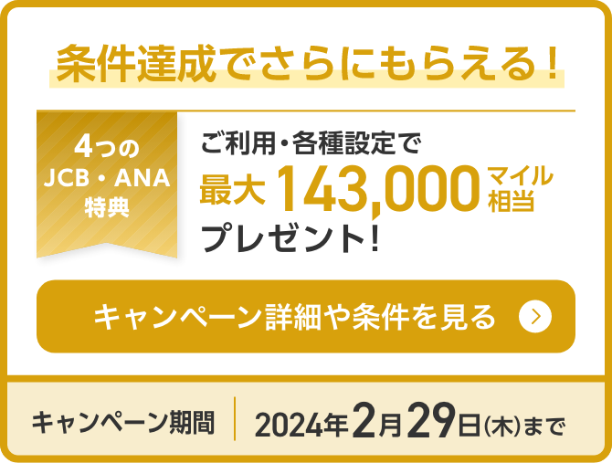 条件達成でさらにもらえる！ご利用・各種設定で最大143,000マイル相当プレゼント！キャンペーン詳細や条件を見る キャンペーン期間2024年2月29日（木）まで