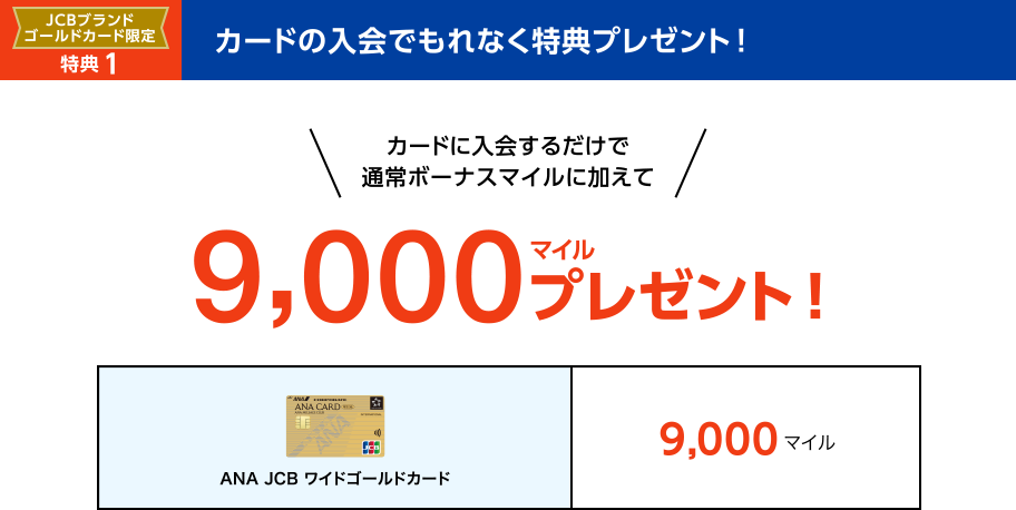 [JCBブランドゴールドカード限定] 特典1 カードの入会でもれなく特典プレゼント！ カードに入会するだけで通常ボーナスマイルに加えて9,000マイルプレゼント！