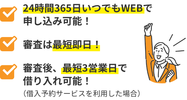24時間365日いつでもWEBで申し込み可能！ 審査は最短即日！ 審査後、最短3営業日で借り入れ可能！（借入予約サービスを利用した場合）