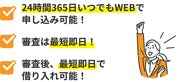 24時間365日いつでもWEBで申し込み可能！ 審査は最短即日！ 審査後、最短即日で借り入れ可能！