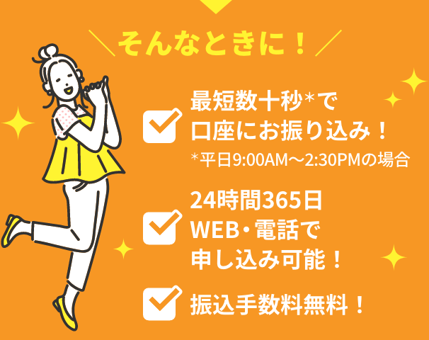 そんなときに！最短数十秒※で口座にお振り込み！※平日9:00AM～2:30PMの場合 24時間365日WEB・電話で申し込み可能！ 振込手数料無料！