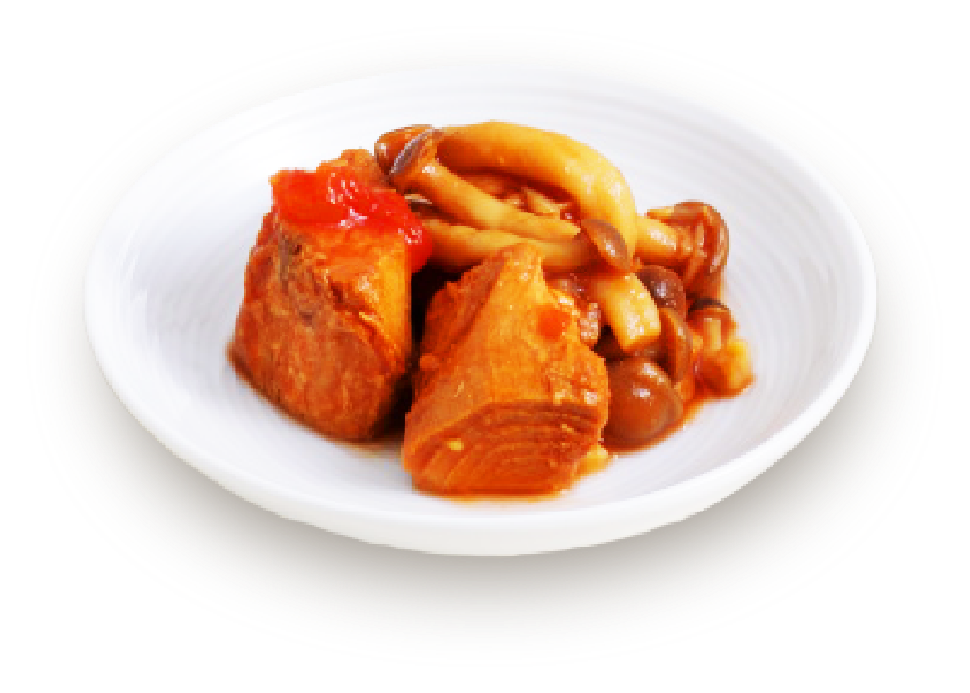 トマトで煮込んだカツオとキノコのイメージ