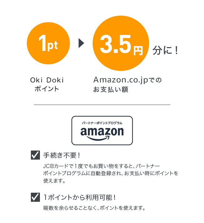 Amazonパートナーポイントプログラム 1pt→3.5円分に！ 手続き不要！JCBカードで1度でもお買い物をすると、パートナー ポイントプログラムに自動登録され、お支払い時にポイントを使えます。 1ポイントから利用可能！端数を余らせることなく、ポイントを使えます。