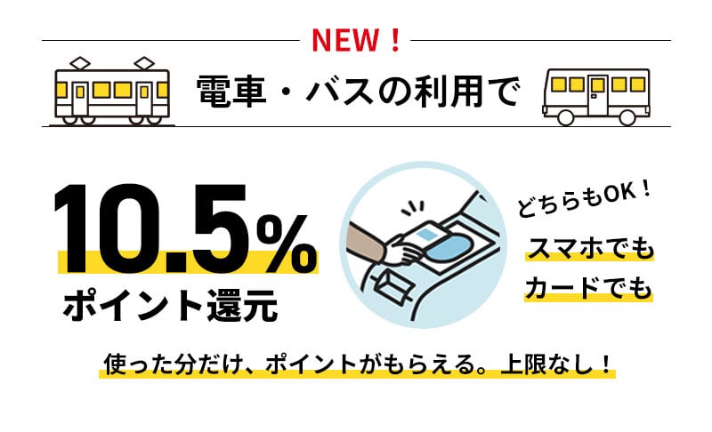 NEW！電車・バスの利用で10.5％ポイント還元 スマホでもカードでもどちらもOK！使った分だけ、ポイントがもらえる。上限なし！