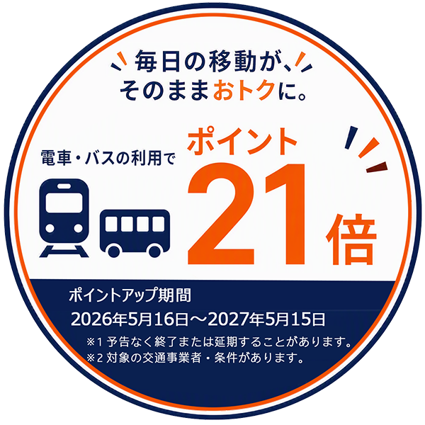 毎日の移動が、そのままおトクに。電車・バスの利用でポイント21倍。ポイントアップ期間 2026年5月16日～2027年5月15日。※1 予告なく終了または延期することがあります。※2 対象の交通事業者・条件があります。
