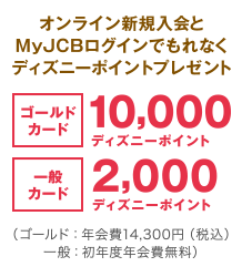 オンライン新規入会とMyJCBログインでもれなくディズニーポイントプレゼント [ゴールドカード] 10,000ディズニーポイント [一般カード] 2,000ディズニーポイント （ゴールド：年会費14,300円（税込） 一般：初年度年会費無料）