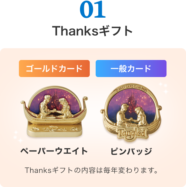 01 Thanksギフト ゴールドカード ペーパーウェイト 一般カード ピンバッジ Thanksギフトの内容は毎年変わります。