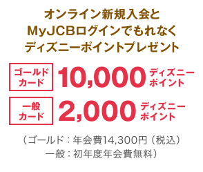 オンライン新規入会とMyJCBログインでもれなくディズニーポイントプレゼント [ゴールドカード] 10,000ディズニーポイント [一般カード] 2,000ディズニーポイント （ゴールド：年会費14,300円（税込） 一般：初年度年会費無料）