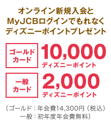 新規入会とMyJCBにログインでもれなく2,000ディズニーポイントプレゼント ※ゴールドカードに入会の場合は10,000ディズニーポイント