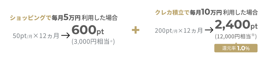 ショッピングで毎月5万円利用した場合 50pt／月×12カ月→600pt（3,000pt相当※） クレカ積立で毎月10万円利用した場合 200pt／月→2,400pt（12,000円相当※）還元率1.0％