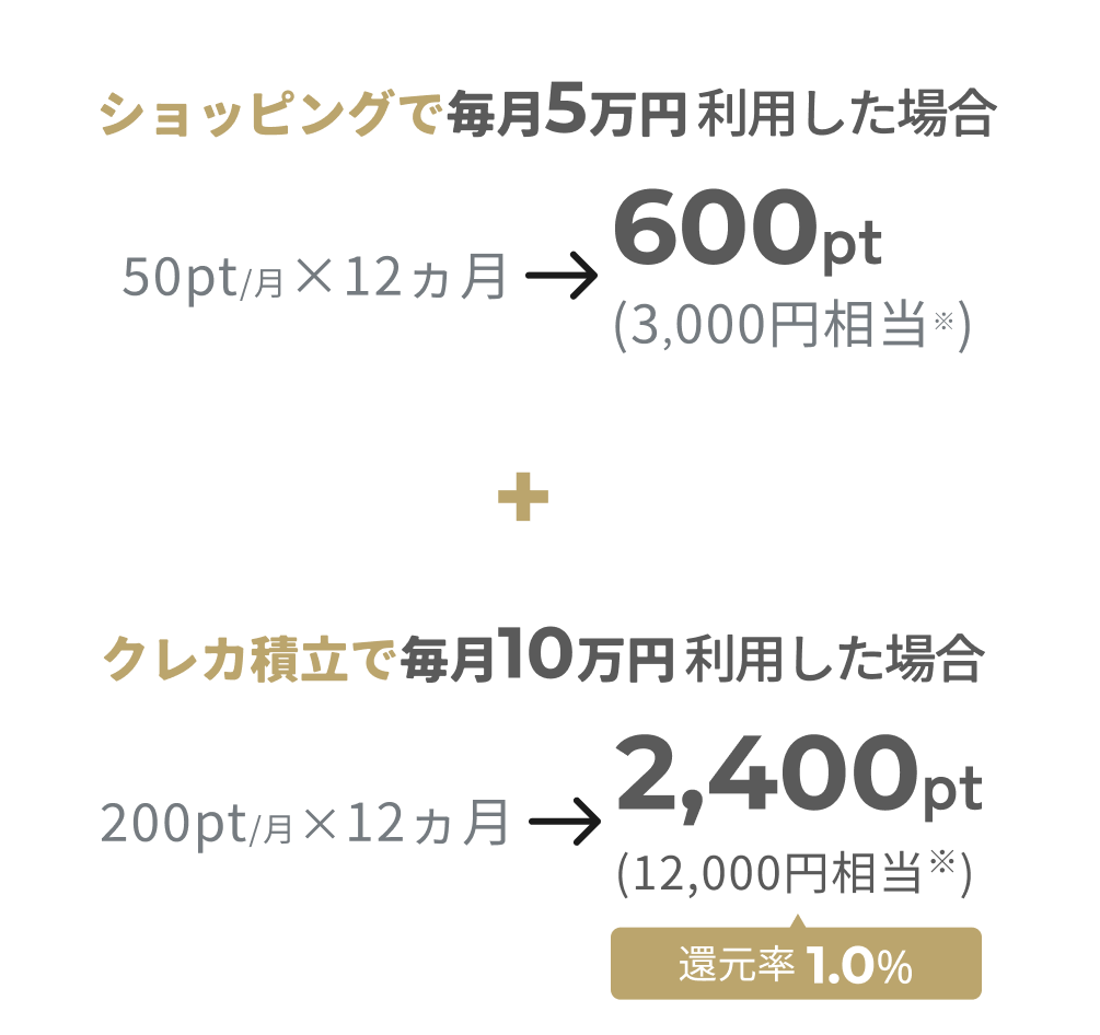 ショッピングで毎月5万円利用した場合 50pt／月×12カ月→600pt（3,000pt相当※） クレカ積立で毎月10万円利用した場合 200pt／月→2,400pt（12,000円相当※）還元率1.0％